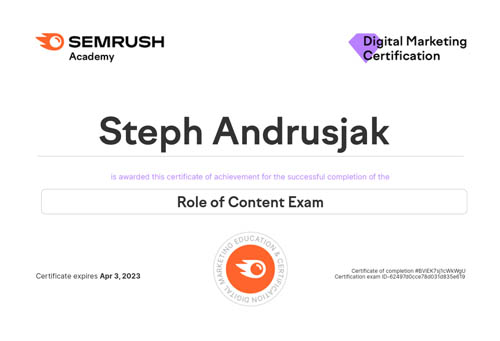 SEMrush Role of Content Certificate