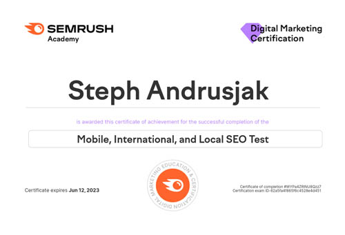 Semrush Mobile International and Local SEO Exam Certificate