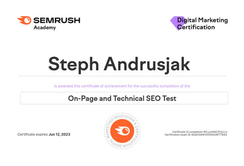 SEMrush On Page and Technical SEO Certificate